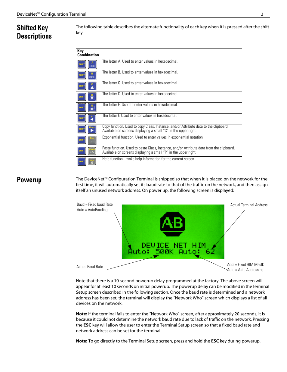 Shifted key descriptions, Powerup | Rockwell Automation 193-DNCT DeviceNet Configuration Terminal User Manual | Page 3 / 8