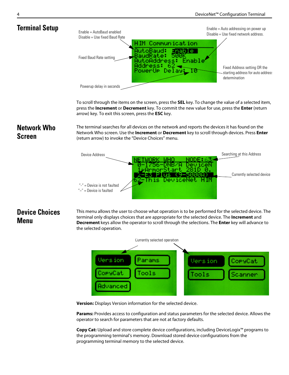 Terminal setup, Network who screen, Device choices menu | Rockwell Automation 193-DNCT DeviceNet Configuration Terminal User Manual | Page 4 / 8