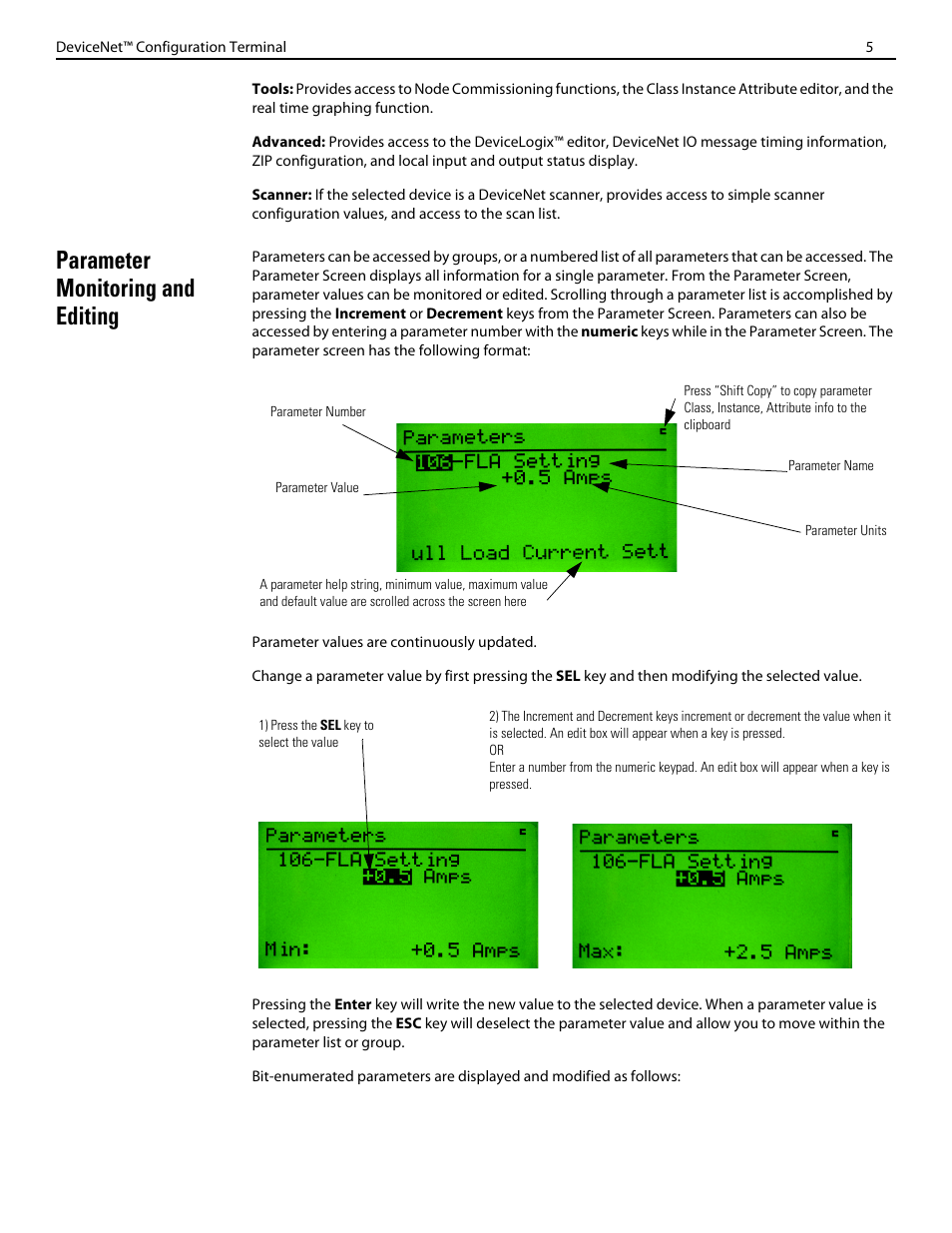 Parameter monitoring and editing | Rockwell Automation 193-DNCT DeviceNet Configuration Terminal User Manual | Page 5 / 8