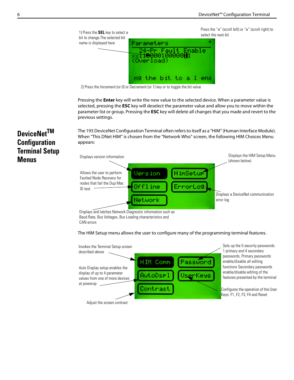 Devicenet, Configuration terminal setup menus | Rockwell Automation 193-DNCT DeviceNet Configuration Terminal User Manual | Page 6 / 8