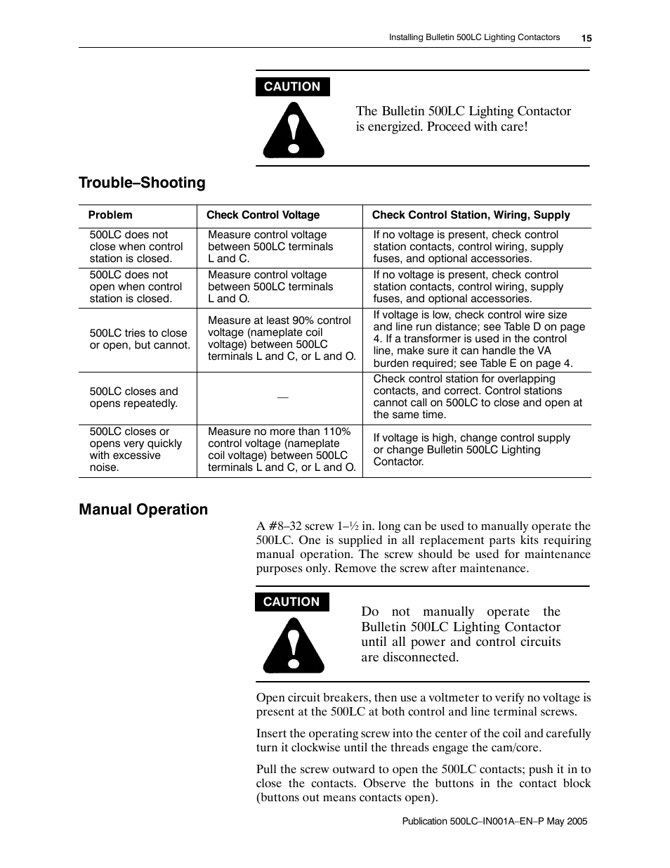 Trouble–shooting, Manual operation | Rockwell Automation 500LG Lighting Contactor Instruction Manual User Manual | Page 15 / 16