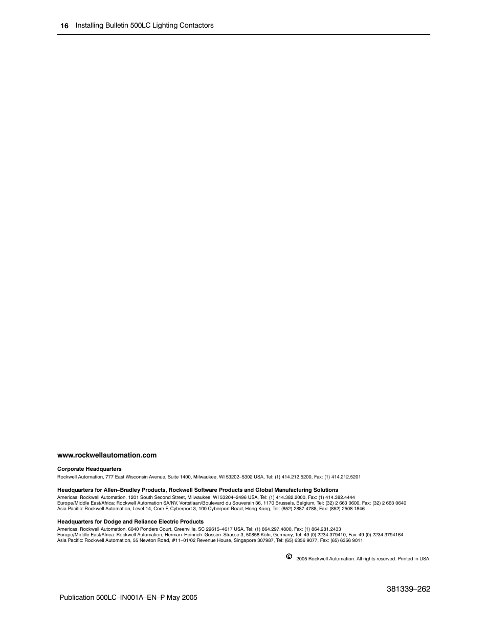 Rockwell Automation 500LG Lighting Contactor Instruction Manual User Manual | Page 16 / 16