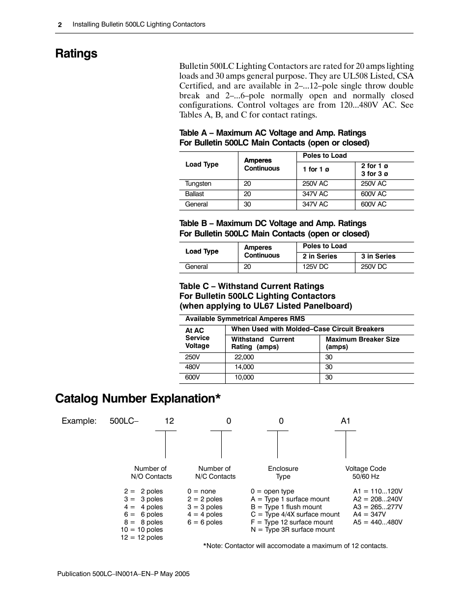 Ratings, Catalog number explanation | Rockwell Automation 500LG Lighting Contactor Instruction Manual User Manual | Page 2 / 16