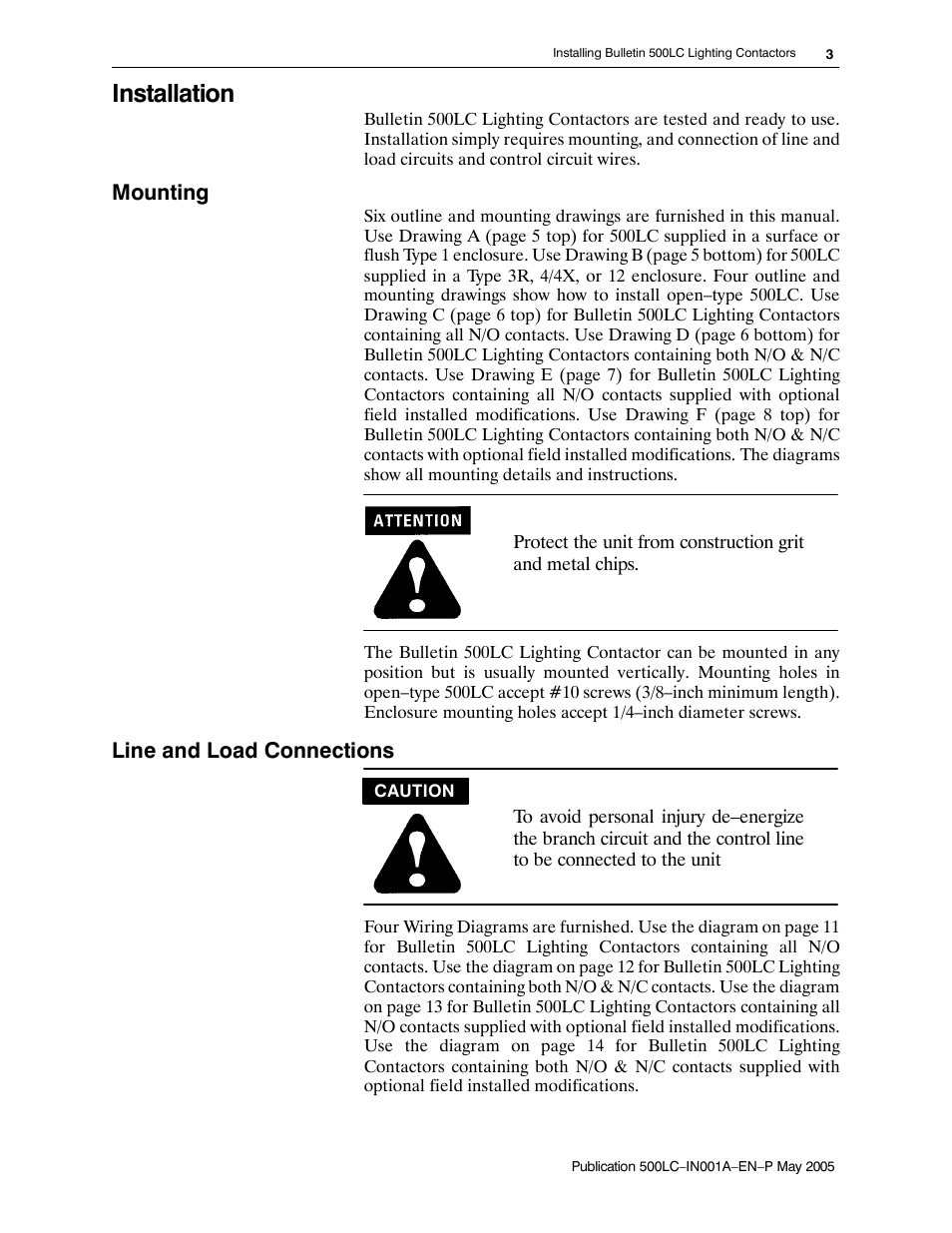 Installation, Mounting, Line and load connections | Rockwell Automation 500LG Lighting Contactor Instruction Manual User Manual | Page 3 / 16