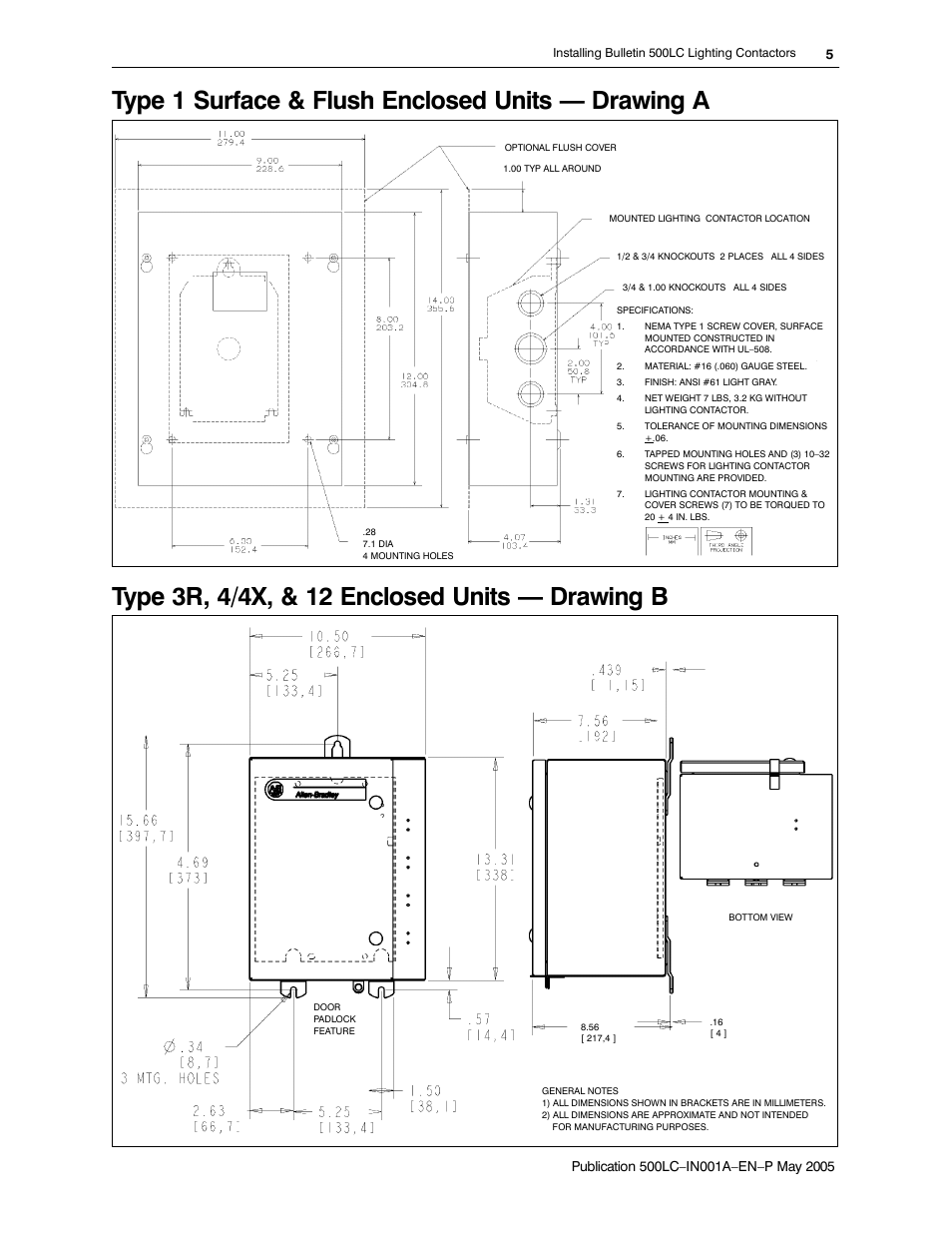 Type 1 surface & flush enclosed units — drawing a | Rockwell Automation 500LG Lighting Contactor Instruction Manual User Manual | Page 5 / 16