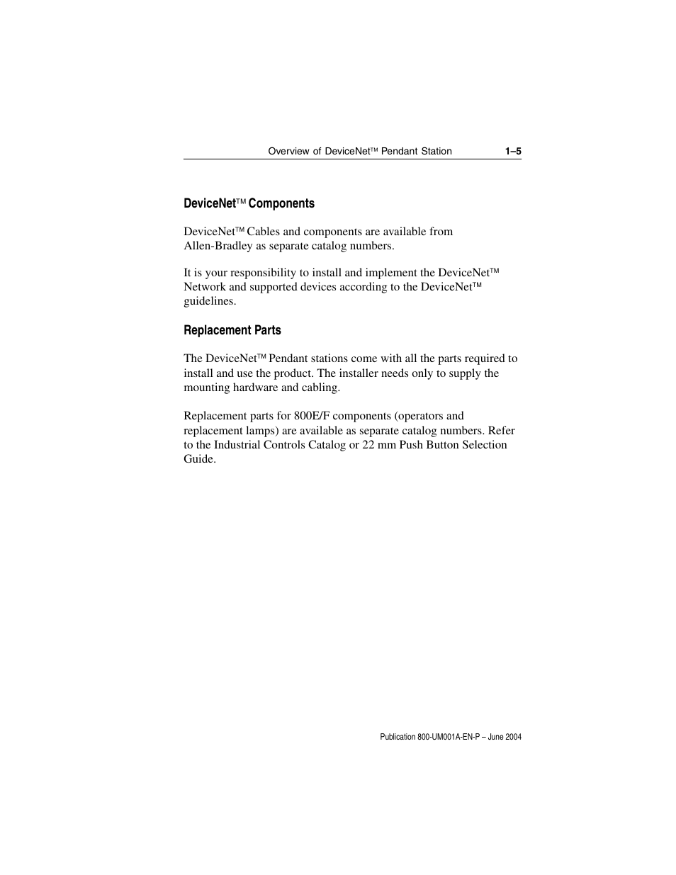 Devicenet‰ components, Replacement parts, Devicenet | Components | Rockwell Automation 800F DeviceNet Pendant Stations User Manual | Page 13 / 48