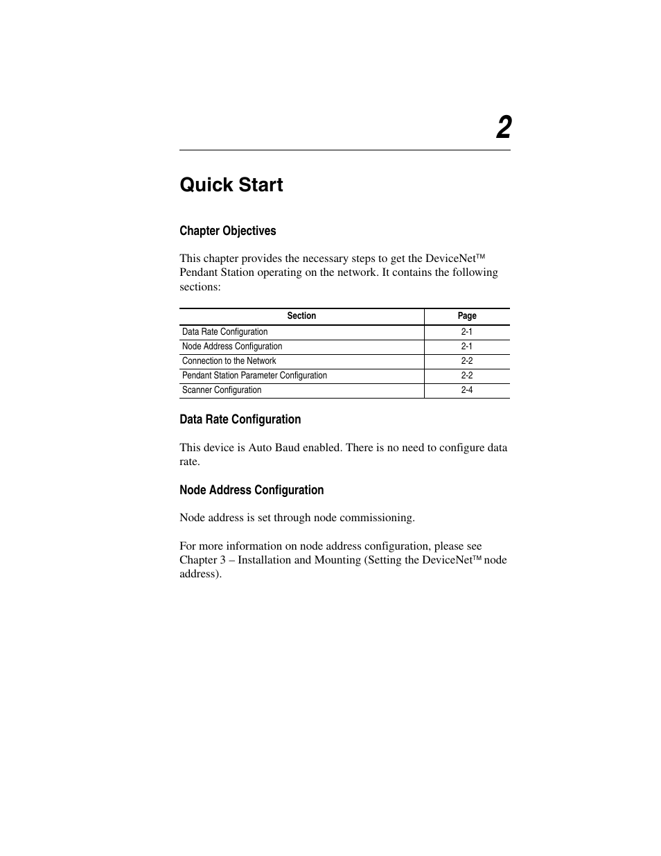 Chapter 2, Quick start, Chapter objectives | Data rate configuration, Node address configuration, 1 data rate configuration, 1 node address configuration, Chapter | Rockwell Automation 800F DeviceNet Pendant Stations User Manual | Page 15 / 48