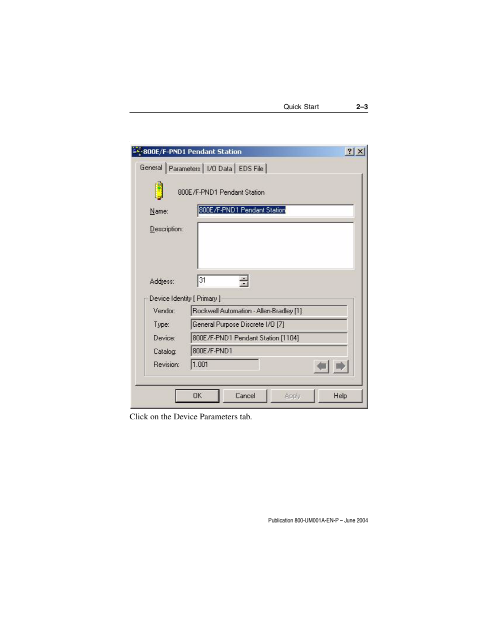 Click on the device parameters tab | Rockwell Automation 800F DeviceNet Pendant Stations User Manual | Page 17 / 48