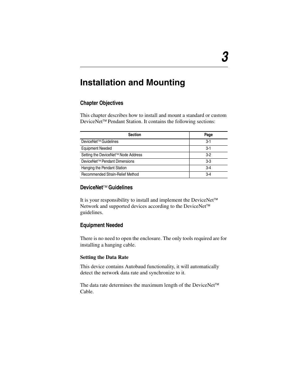 Chapter 3, Installation and mounting, Chapter objectives | Devicenet‰ guidelines, Setting the data rate, 1 devicenet, Guidelines, Chapter | Rockwell Automation 800F DeviceNet Pendant Stations User Manual | Page 27 / 48