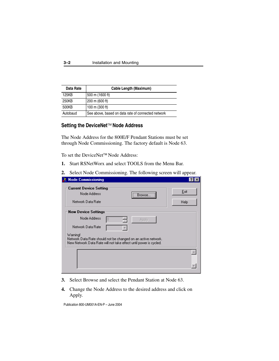 Setting the devicenet‰ node address, Start rsnetworx and select tools from the menu bar, Setting the devicenet | Node address | Rockwell Automation 800F DeviceNet Pendant Stations User Manual | Page 28 / 48