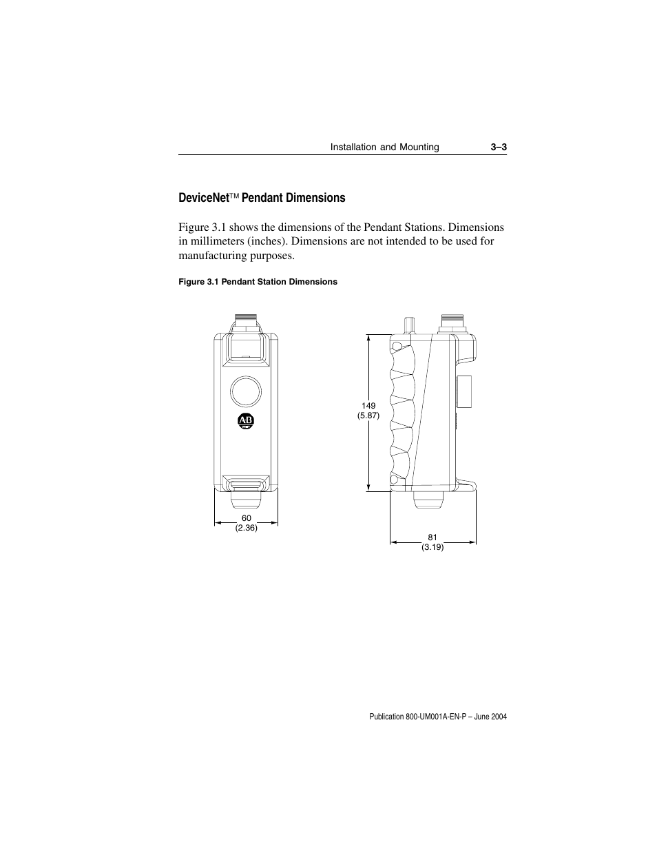 Devicenet, Pendant dimensions, Devicenet ™ pendant dimensions | Rockwell Automation 800F DeviceNet Pendant Stations User Manual | Page 29 / 48