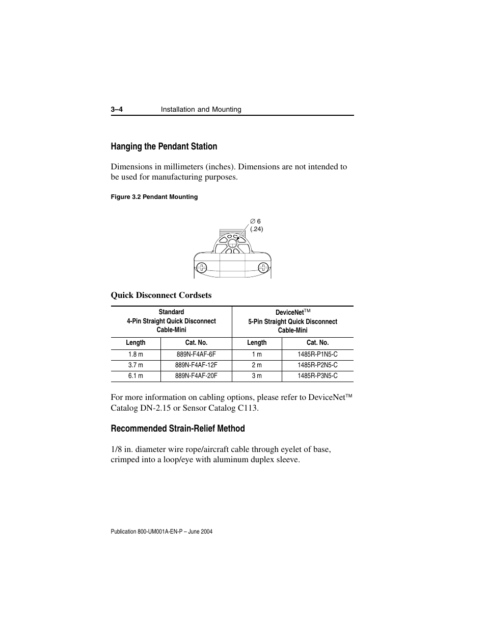 Hanging the pendant station, Quick disconnect cordsets, Recommended strain-relief method | 4 quick disconnect cordsets, 4 recommended strain-relief method | Rockwell Automation 800F DeviceNet Pendant Stations User Manual | Page 30 / 48