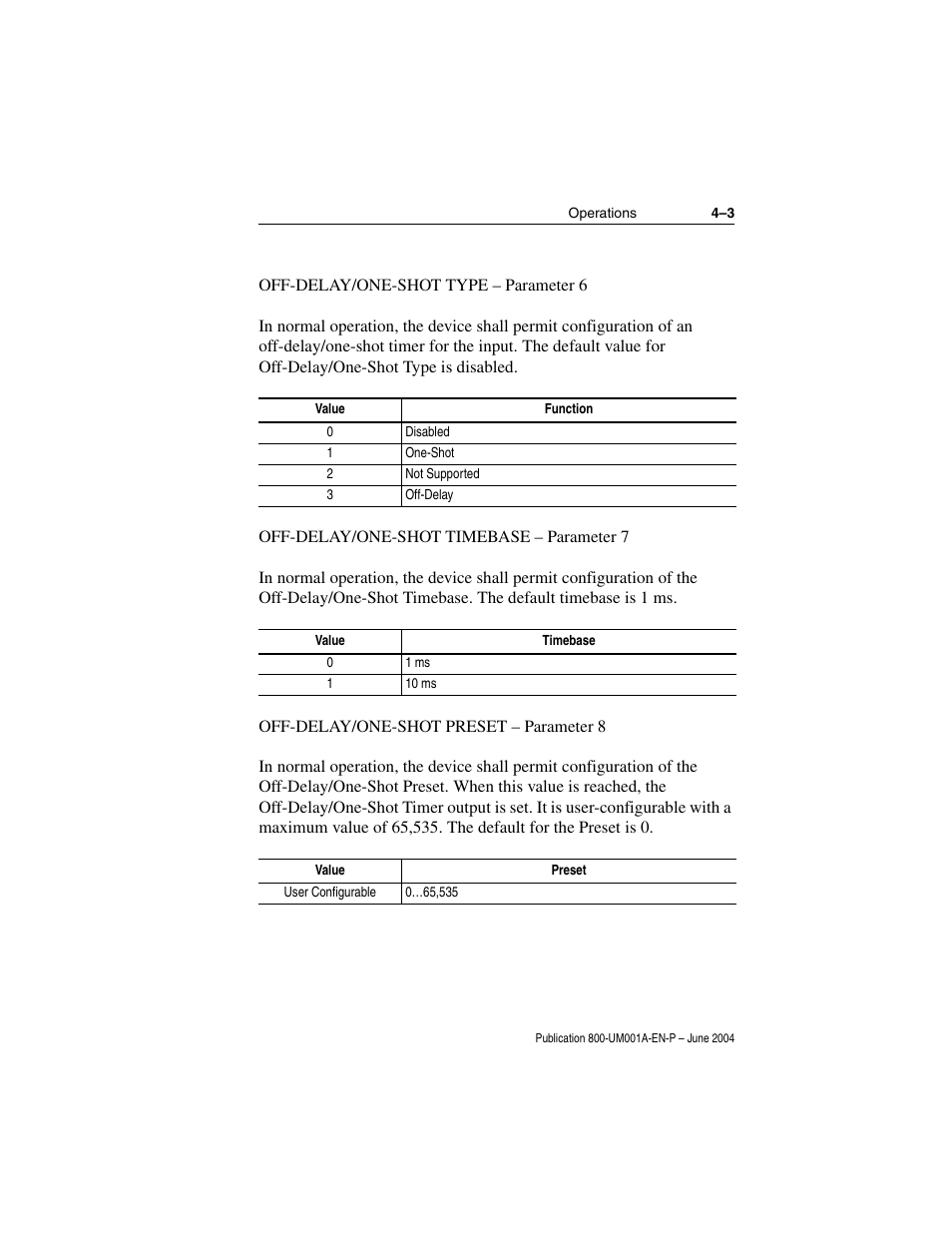 Off-delay/one-shot type - parameter 6, Off-delay/one-shot timebase - parameter 7, Off-delay/one-shot preset - parameter 8 | Rockwell Automation 800F DeviceNet Pendant Stations User Manual | Page 33 / 48
