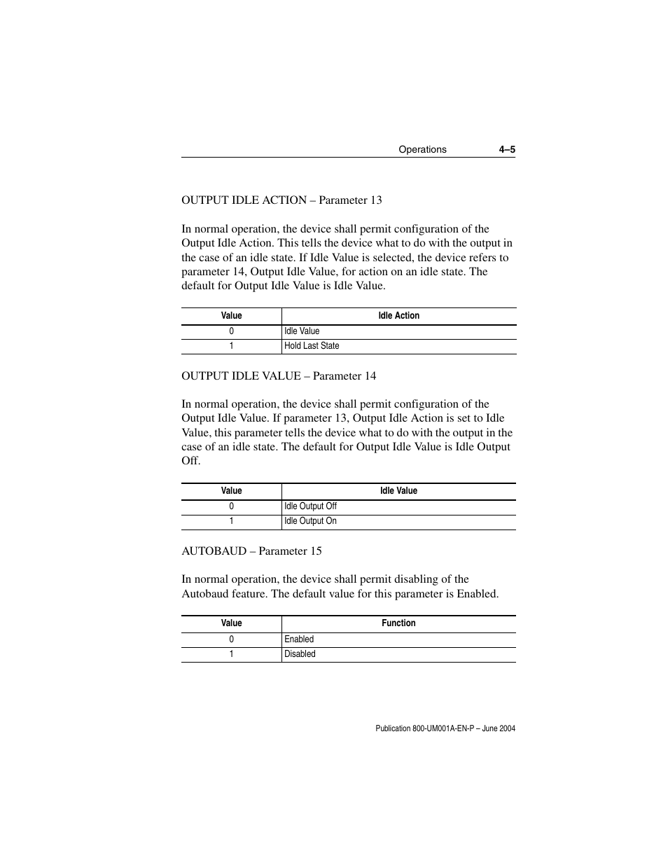 Output idle action - parameter 13, Output idle value - parameter 14, Autobaud - parameter 15 | Rockwell Automation 800F DeviceNet Pendant Stations User Manual | Page 35 / 48