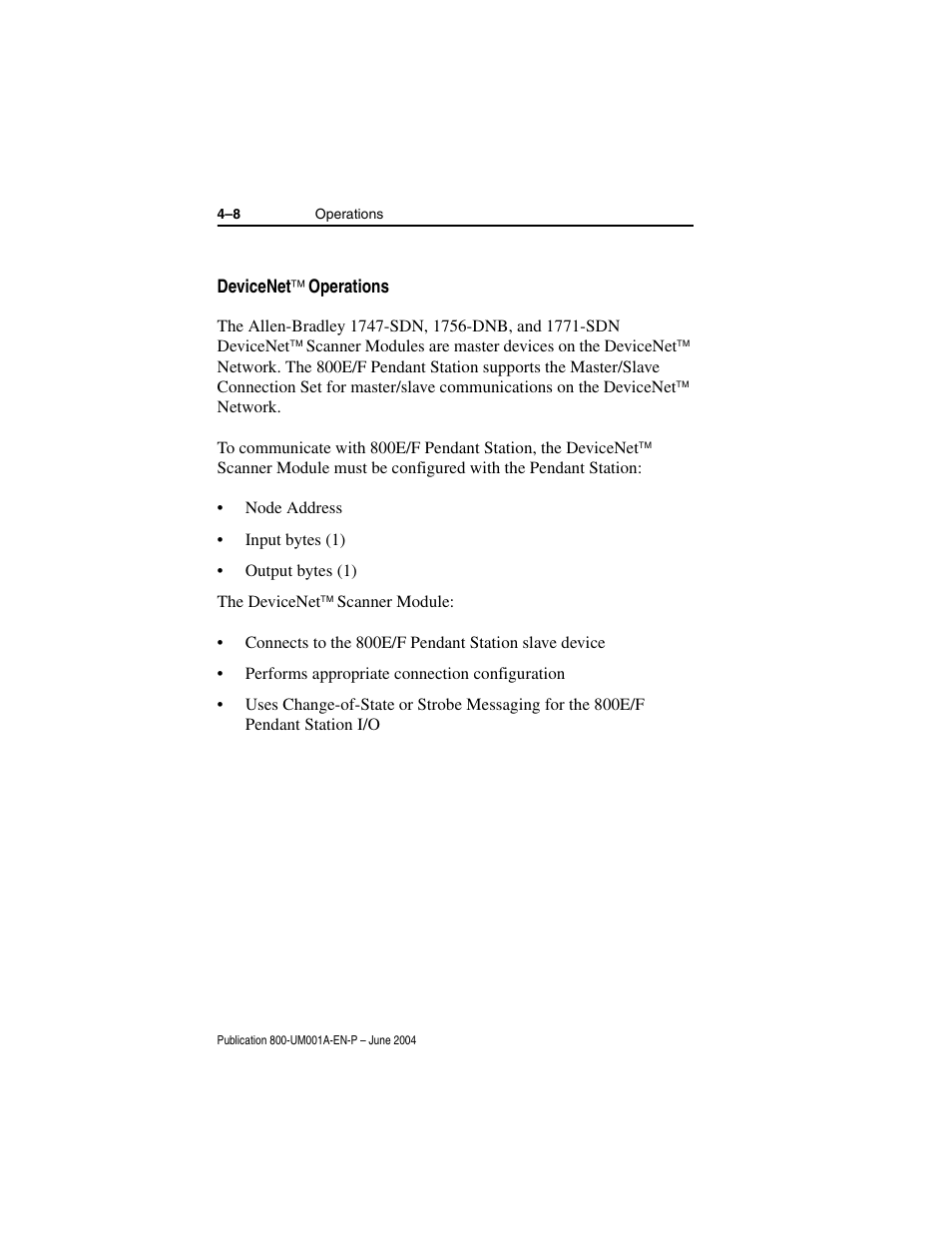 Devicenet‰ operations, The devicenet‰ scanner module, Devicenet | Operations | Rockwell Automation 800F DeviceNet Pendant Stations User Manual | Page 38 / 48