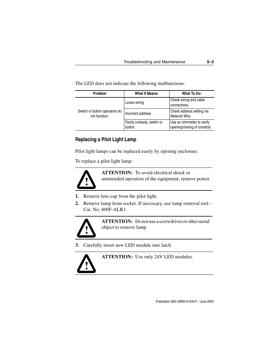 Replacing a pilot light lamp, Remove lens cap from the pilot light, Carefully insert new led module into latch | Rockwell Automation 800F DeviceNet Pendant Stations User Manual | Page 41 / 48