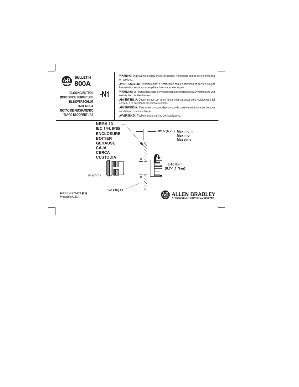 Rockwell Automation 800A-N1 Closing Button User Manual | 1 page