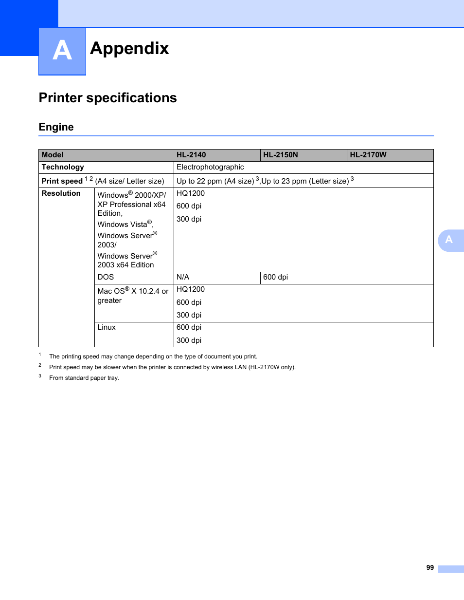 Appendix a, Printer specifications, Engine | Appendix | Brother HL-2140 User Manual | Page 107 / 138