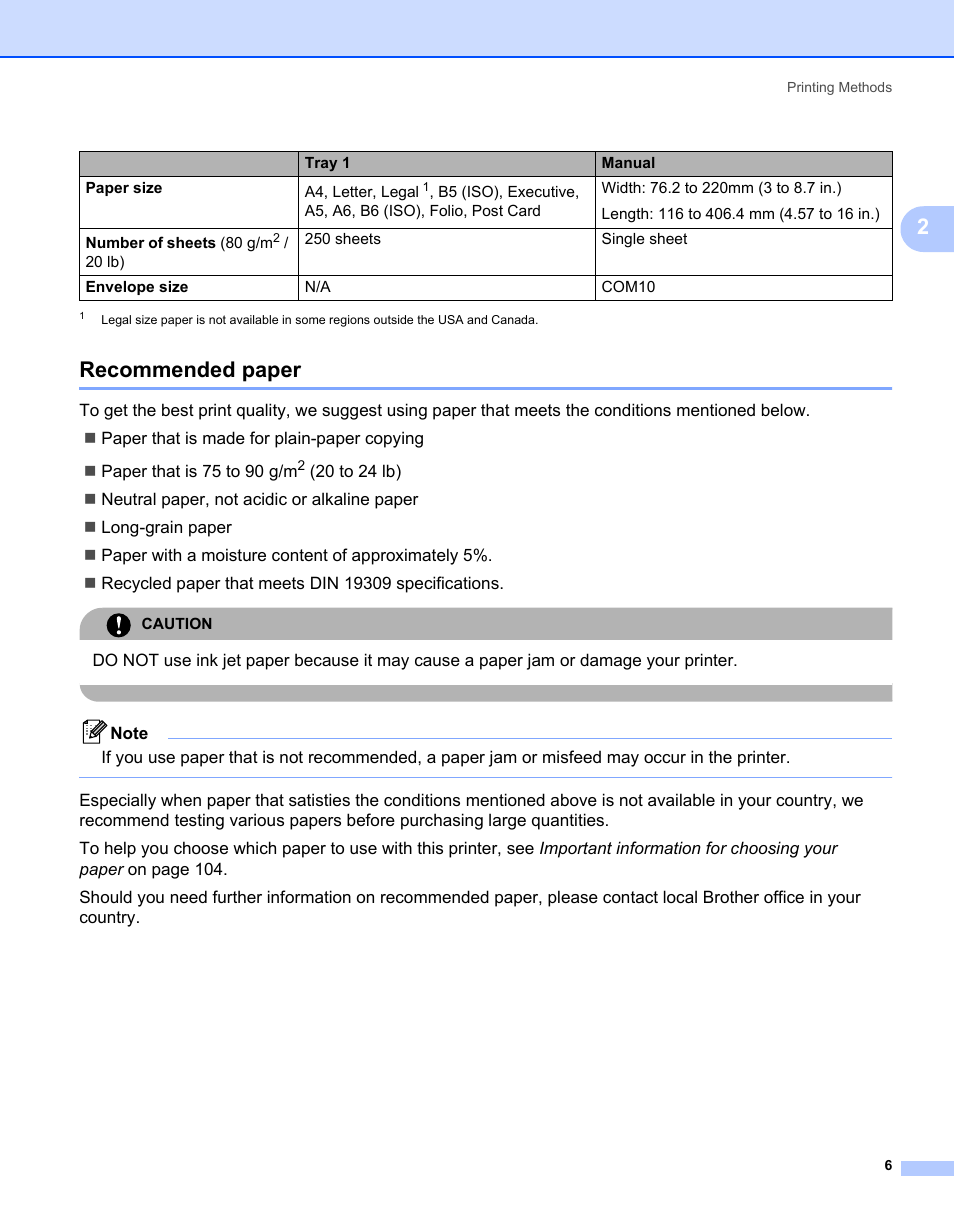 Recommended paper | Brother HL-2140 User Manual | Page 14 / 138