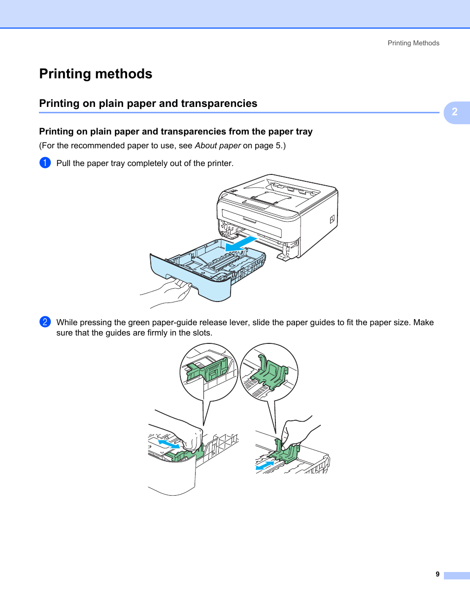Printing methods, Printing on plain paper and transparencies | Brother HL-2140 User Manual | Page 17 / 138