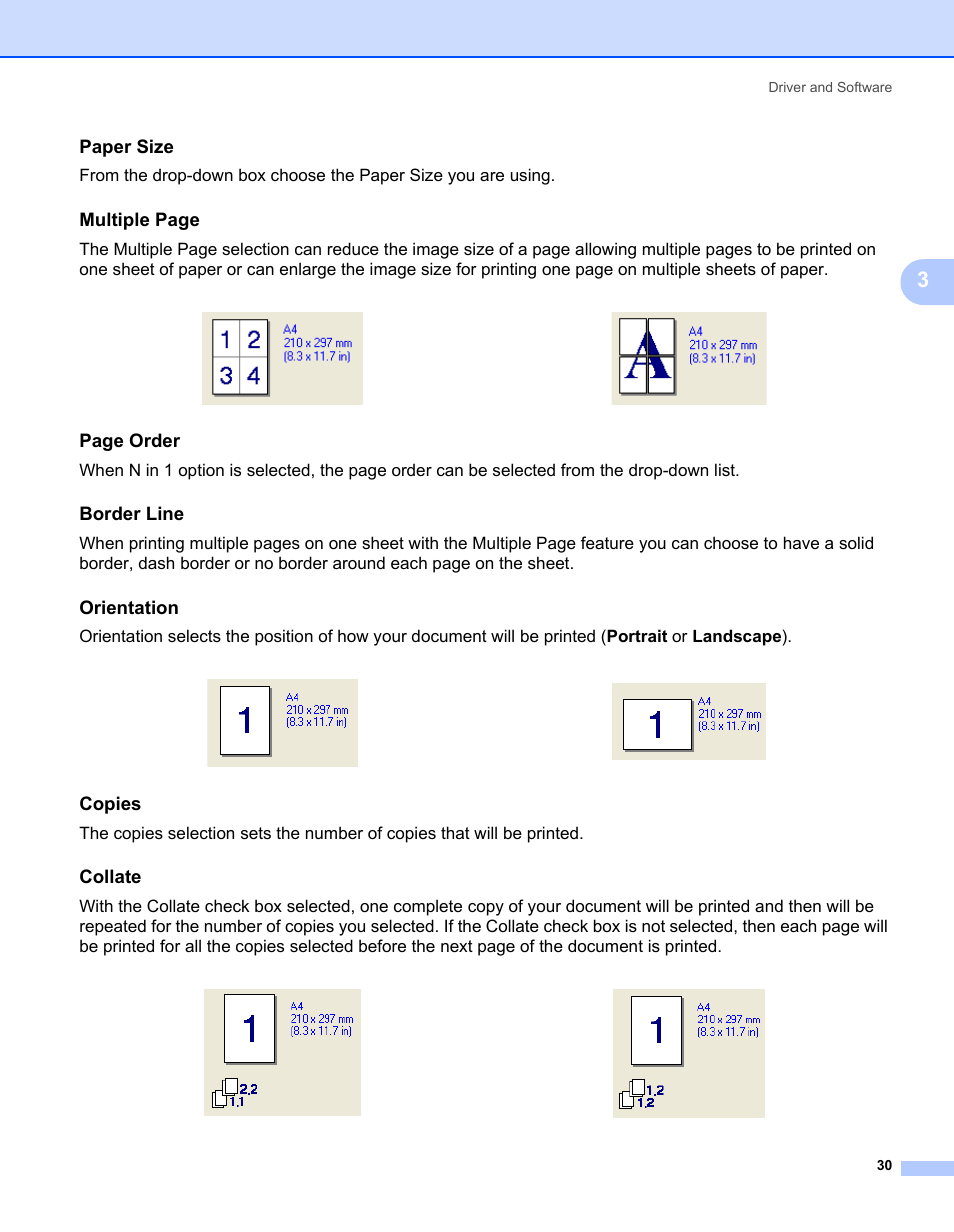 Paper size, Border line, Orientation | Copies, Collate, Multiple page, Page order | Brother HL-2140 User Manual | Page 38 / 138