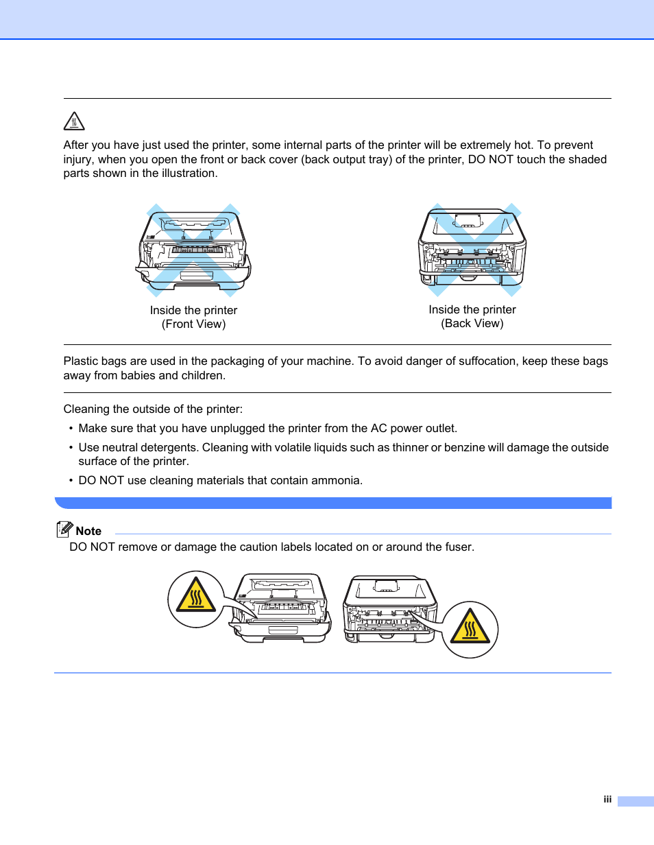 Inside the printer (front view), Inside the printer (back view) | Brother HL-2140 User Manual | Page 4 / 138