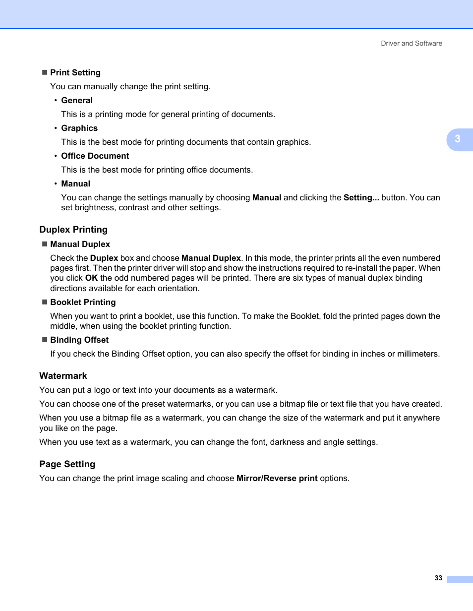 Duplex printing, Watermark | Brother HL-2140 User Manual | Page 41 / 138