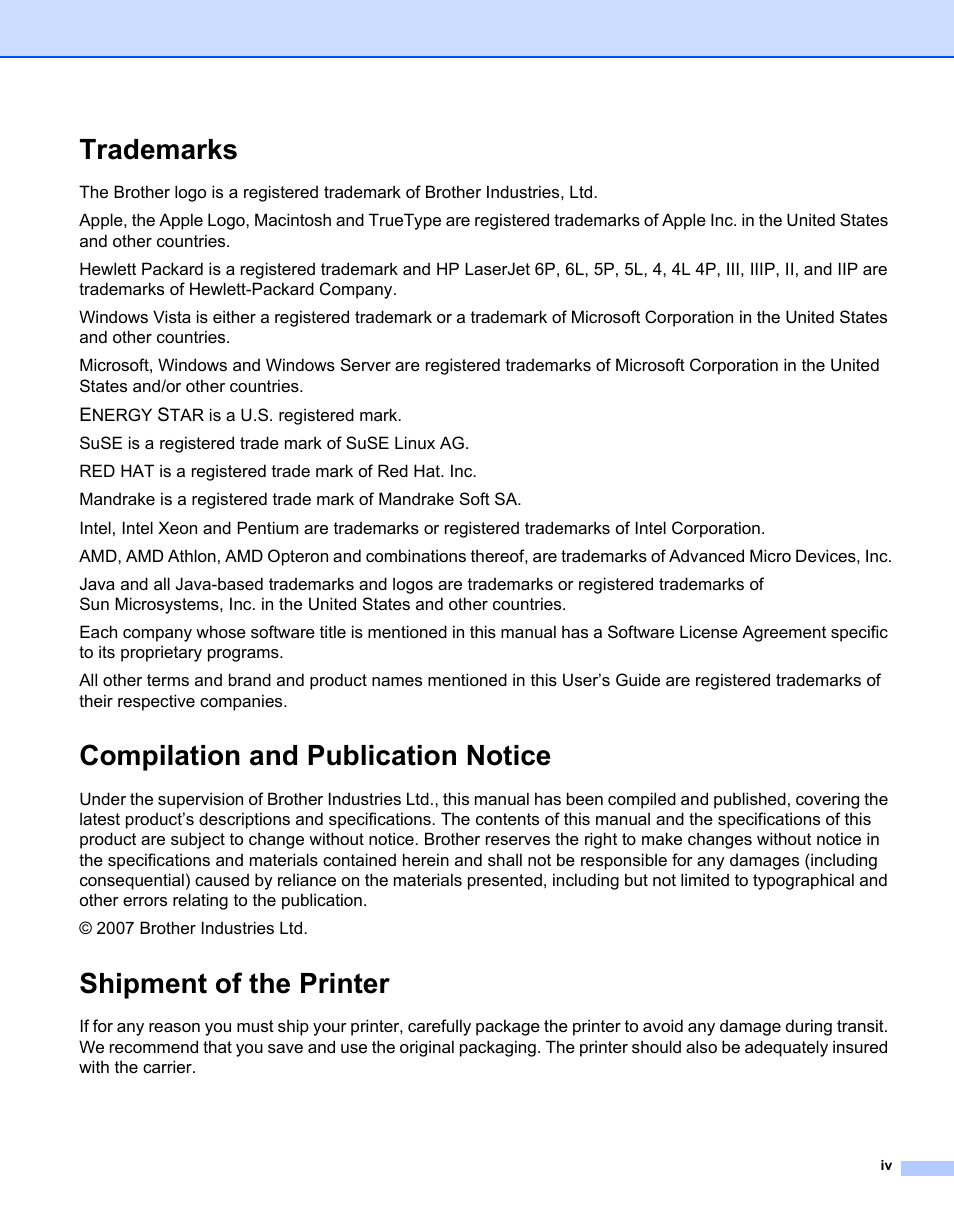 Trademarks, Compilation and publication notice, Shipment of the printer | Brother HL-2140 User Manual | Page 5 / 138