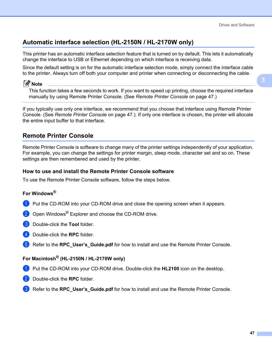 Remote printer console | Brother HL-2140 User Manual | Page 55 / 138