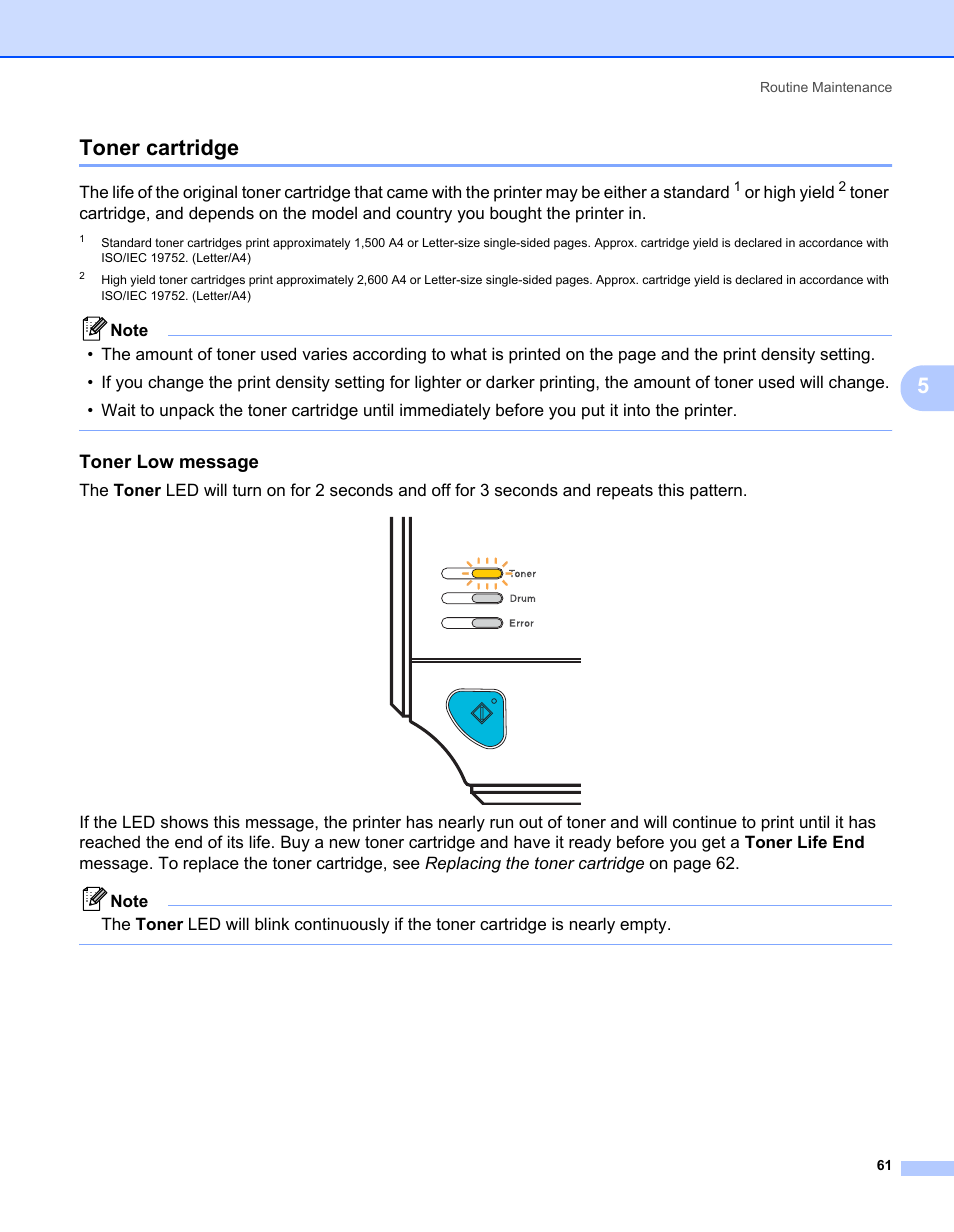 Toner cartridge, Toner low message, 5toner cartridge | Or high yield | Brother HL-2140 User Manual | Page 69 / 138