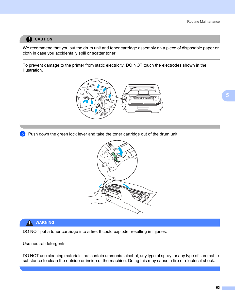 Use neutral detergents, Caution, Warning | Routine maintenance 63 | Brother HL-2140 User Manual | Page 71 / 138
