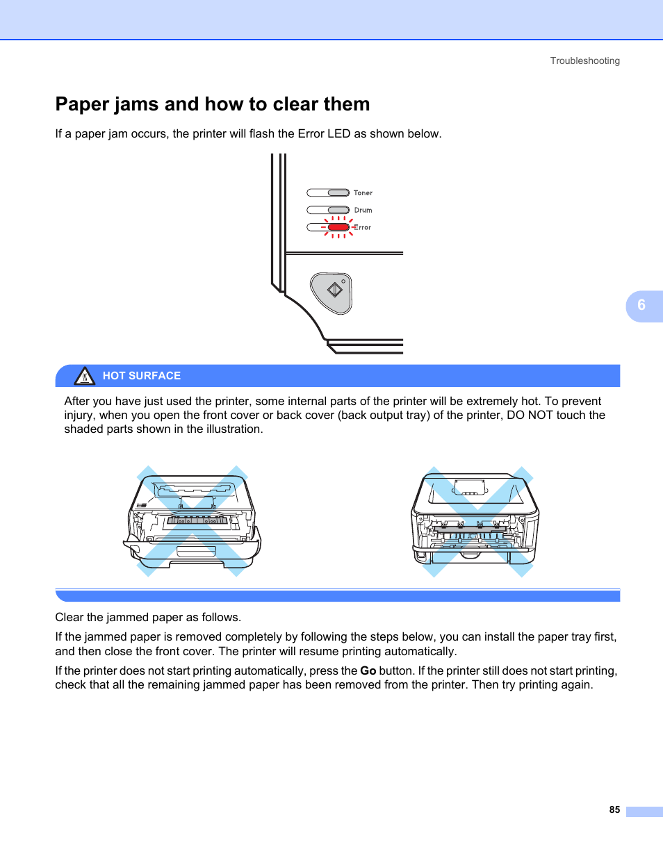 Paper jams and how to clear them, Hot surface | Brother HL-2140 User Manual | Page 93 / 138