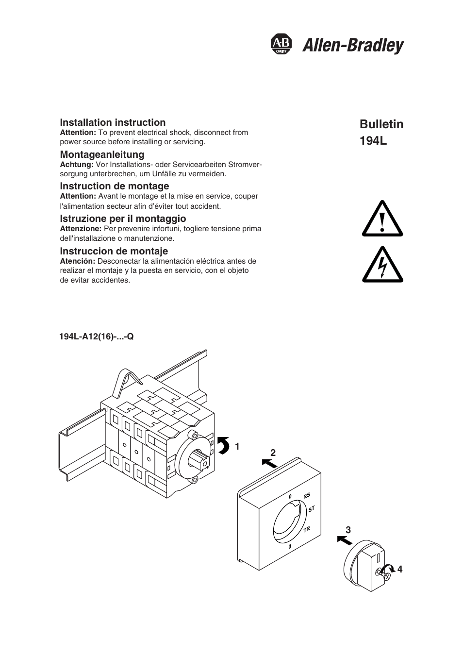 Rockwell Automation 194L Control and Load Switches 12 A / 16 A for 45 mm Panel cut-out User Manual | 2 pages