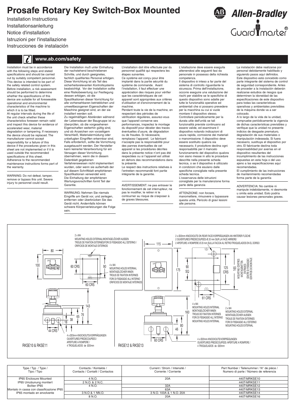 Rockwell Automation 440T Prosafe Rotary Key Switch-Box Mounted User Manual | 4 pages