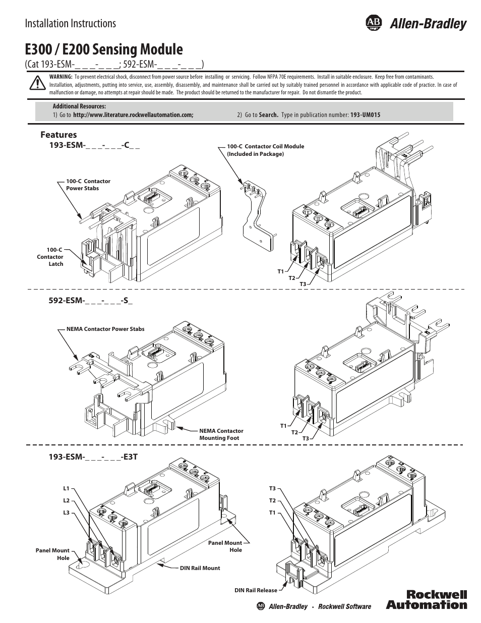 Rockwell Automation 592-ESM-xxx-xxx E300 / E200 Sensing Module User Manual | 4 pages