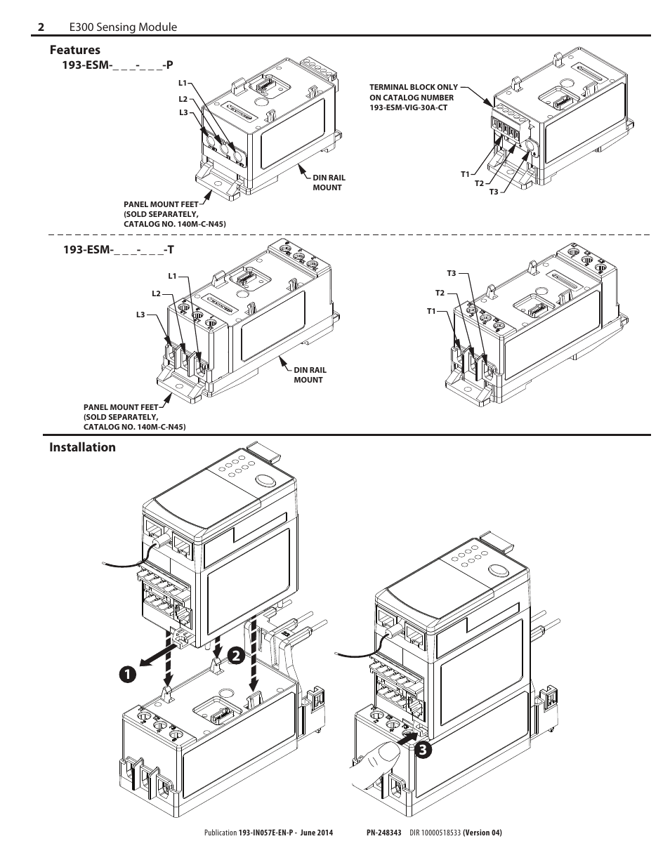 Installation, Features, E300 sensing module 2 | Esm-_ _ _-_ _ _-p 193-esm-_ _ _-_ _ _-t | Rockwell Automation 592-ESM-xxx-xxx E300 / E200 Sensing Module User Manual | Page 2 / 4