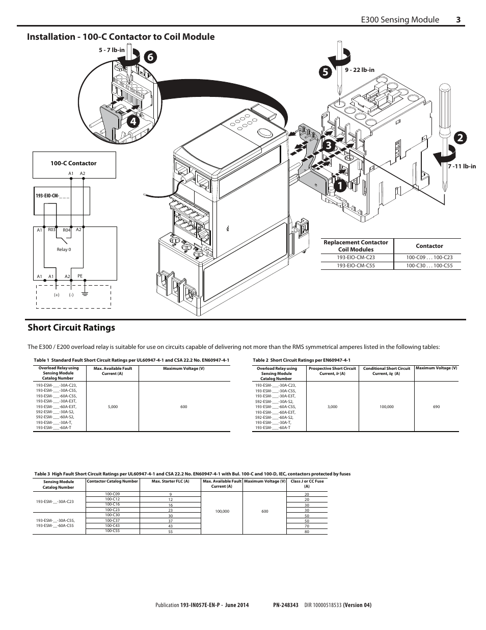 Installation - 100-c contactor to coil module, Short circuit ratings, 3e300 sensing module | Rockwell Automation 592-ESM-xxx-xxx E300 / E200 Sensing Module User Manual | Page 3 / 4