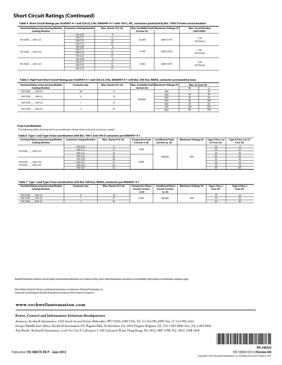 Short circuit ratings (continued) | Rockwell Automation 592-ESM-xxx-xxx E300 / E200 Sensing Module User Manual | Page 4 / 4