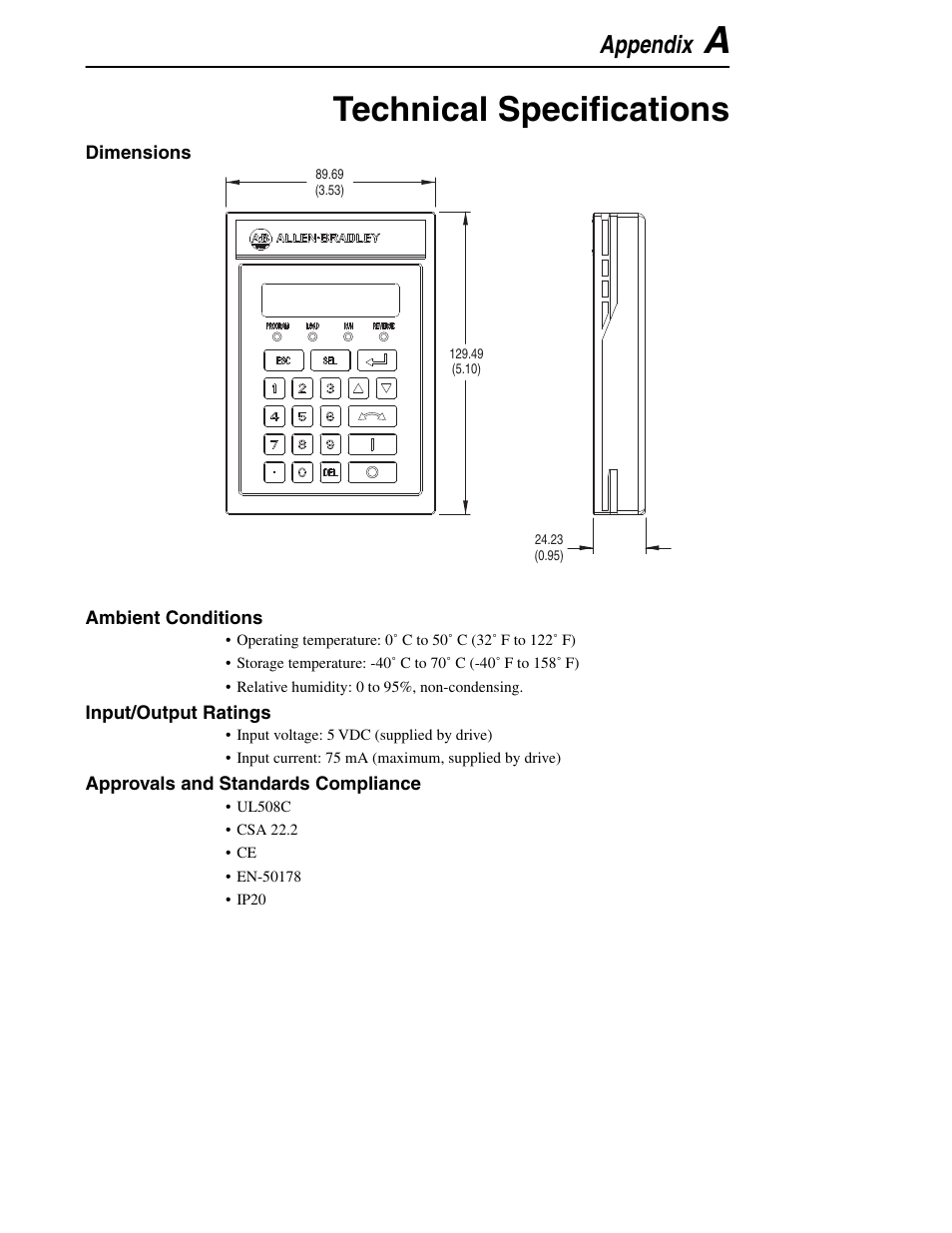 Technical speciﬁcations, Appendix | Rockwell Automation 160 160SSC CopyCat Keypad User Manual | Page 29 / 32
