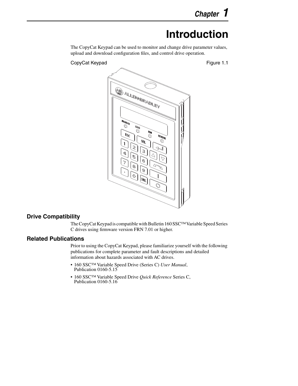Introduction, Chapter | Rockwell Automation 160 160SSC CopyCat Keypad User Manual | Page 5 / 32