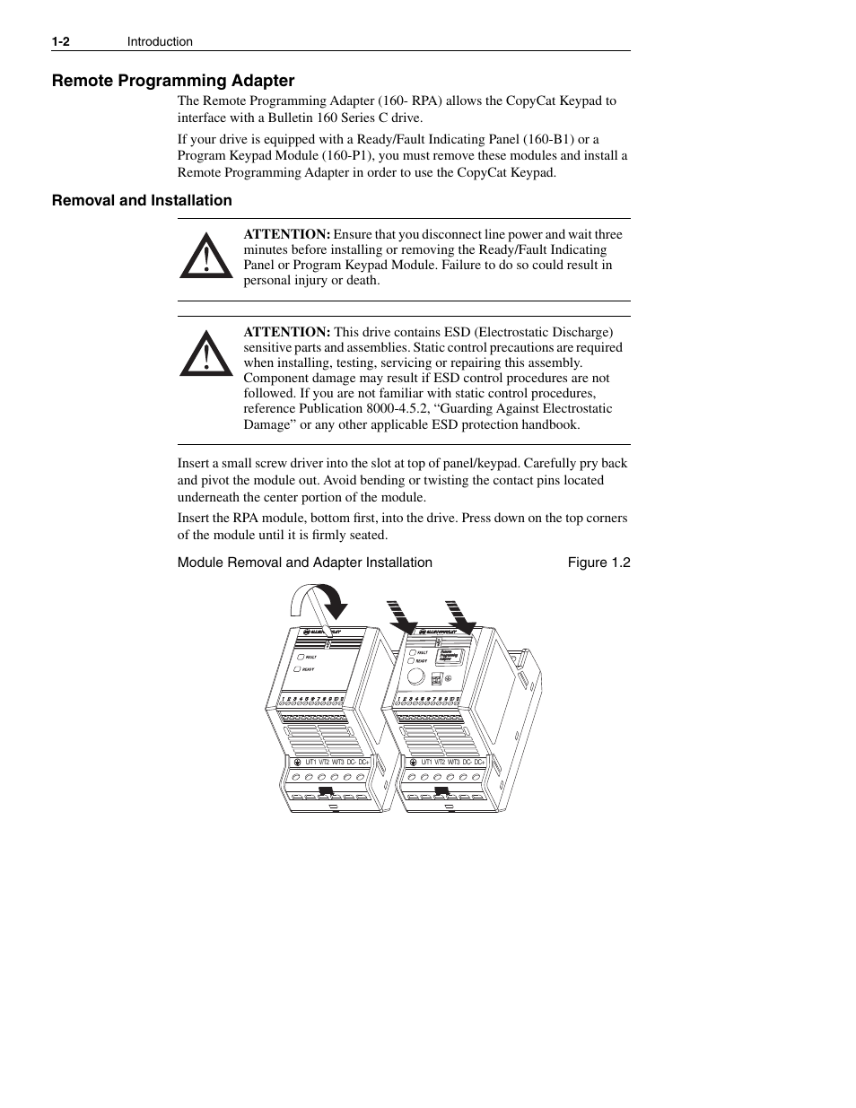 Remote programming adapter, Removal and installation | Rockwell Automation 160 160SSC CopyCat Keypad User Manual | Page 6 / 32