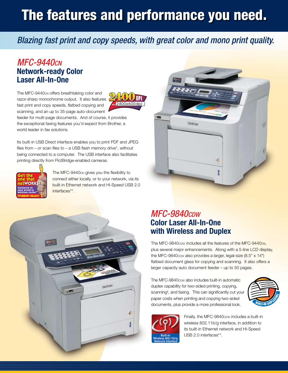 The features and performance you need, Mfc-9440, Mfc-9840 | Network-ready color laser all-in-one, Color laser all-in-one with wireless and duplex | Brother MFC 9000 Series User Manual | Page 3 / 6