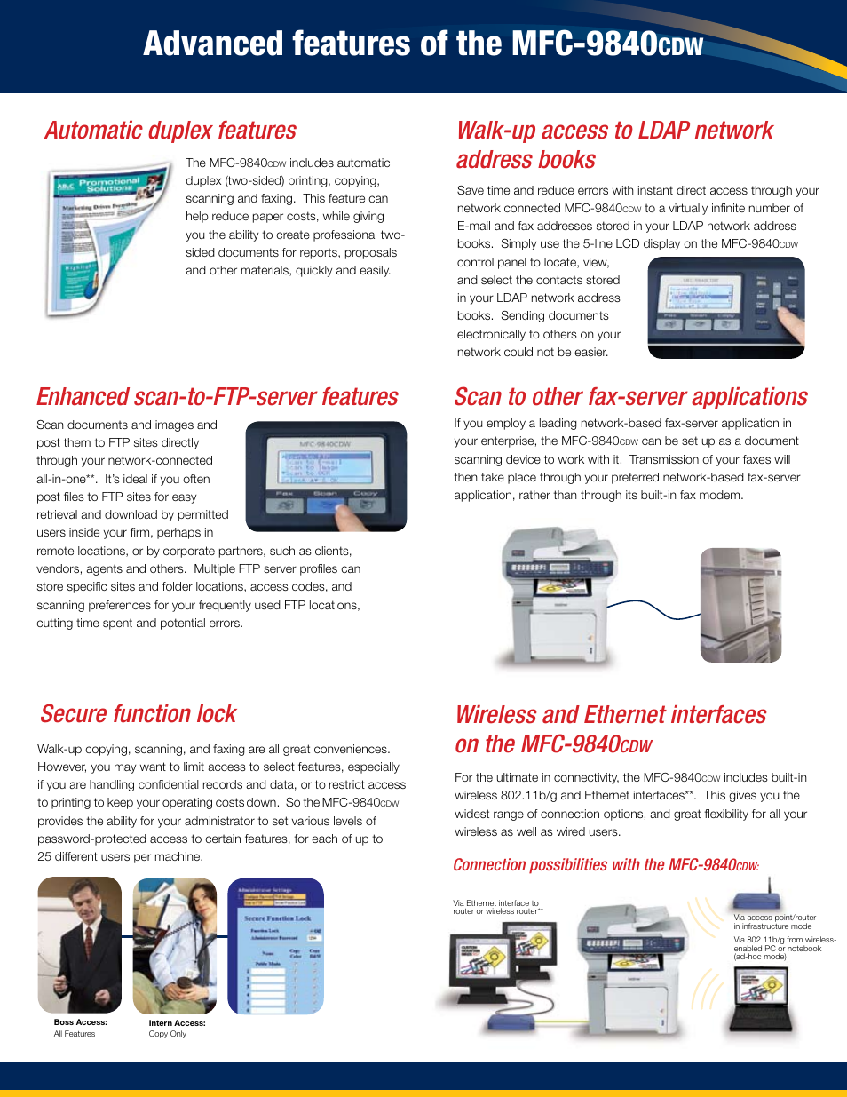 Advanced features of the mfc-9840, Wireless and ethernet interfaces on the mfc-9840, Automatic duplex features | Brother MFC 9000 Series User Manual | Page 4 / 6