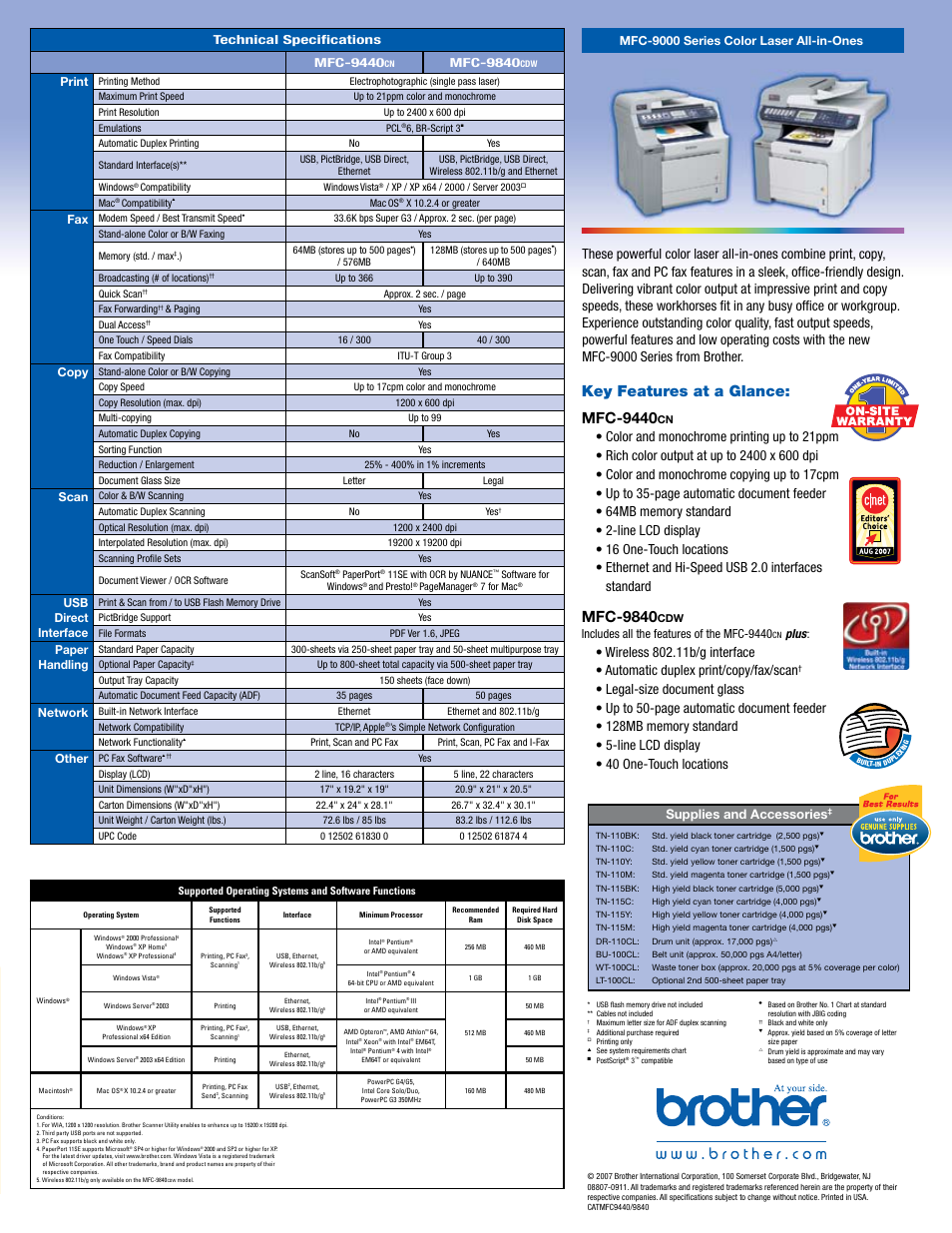 Convenience, by design, Paper-handling versatility and convenience, Key features at a glance: mfc-9440 | Standard, Supplies and accessories, Technical specifications mfc-9440, Mfc-9840, Print, Copy, Scan | Brother MFC 9000 Series User Manual | Page 6 / 6