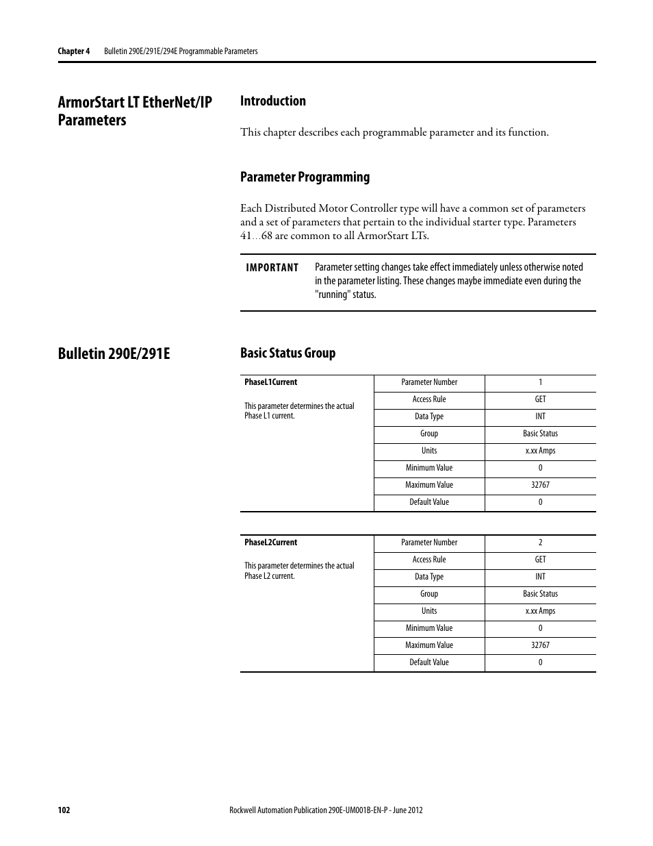 Armorstart lt ethernet/ip parameters, Introduction, Parameter programming | Bulletin 290e/291e, Basic status group | Rockwell Automation 294E ArmorStart LT EtherNet/IP Version - User Manual User Manual | Page 102 / 252