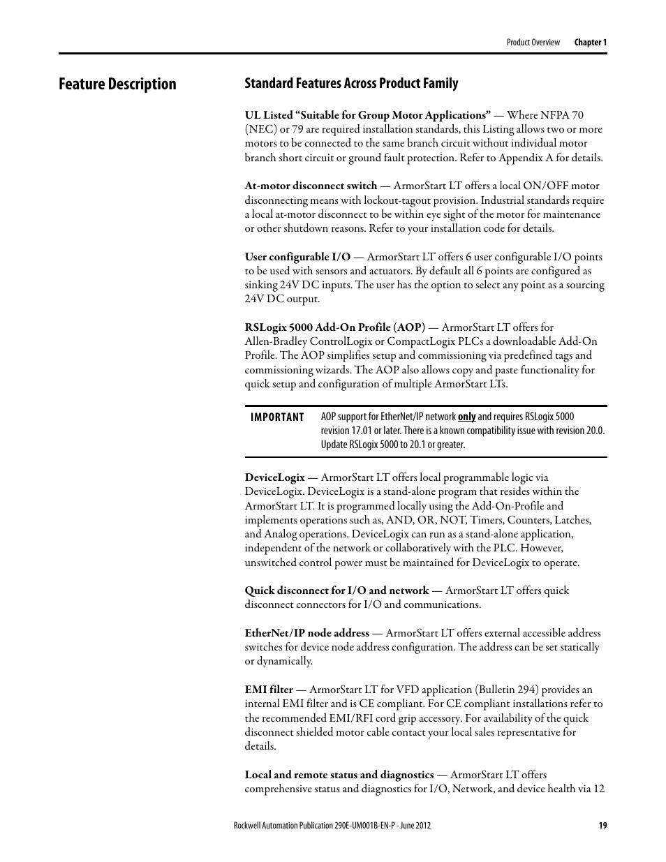Feature description, Standard features across product family | Rockwell Automation 294E ArmorStart LT EtherNet/IP Version - User Manual User Manual | Page 19 / 252