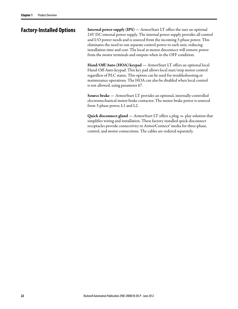 Factory-installed options | Rockwell Automation 294E ArmorStart LT EtherNet/IP Version - User Manual User Manual | Page 22 / 252