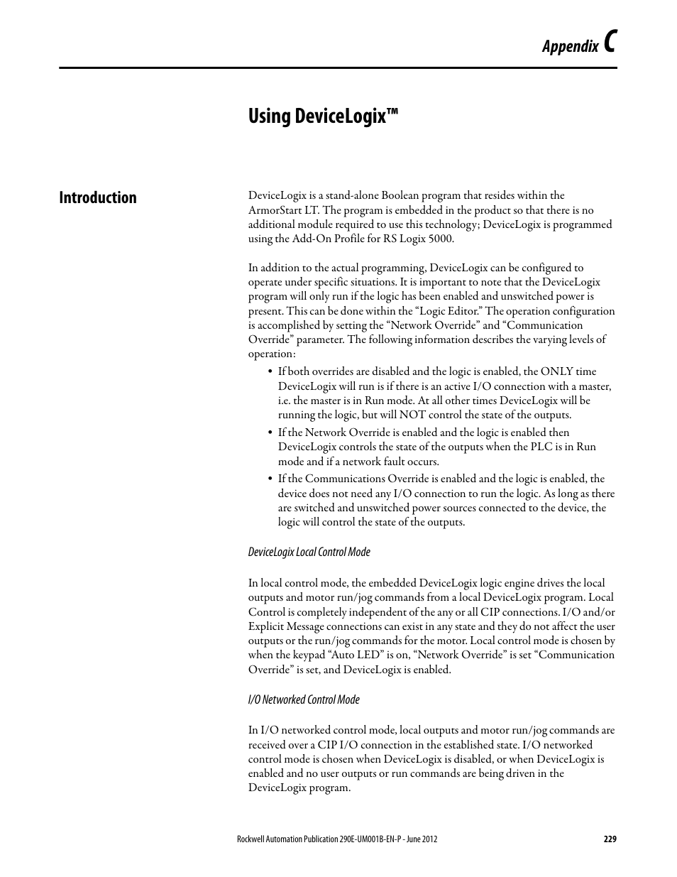 Appendix c, Using devicelogix, Introduction | Appendix | Rockwell Automation 294E ArmorStart LT EtherNet/IP Version - User Manual User Manual | Page 229 / 252