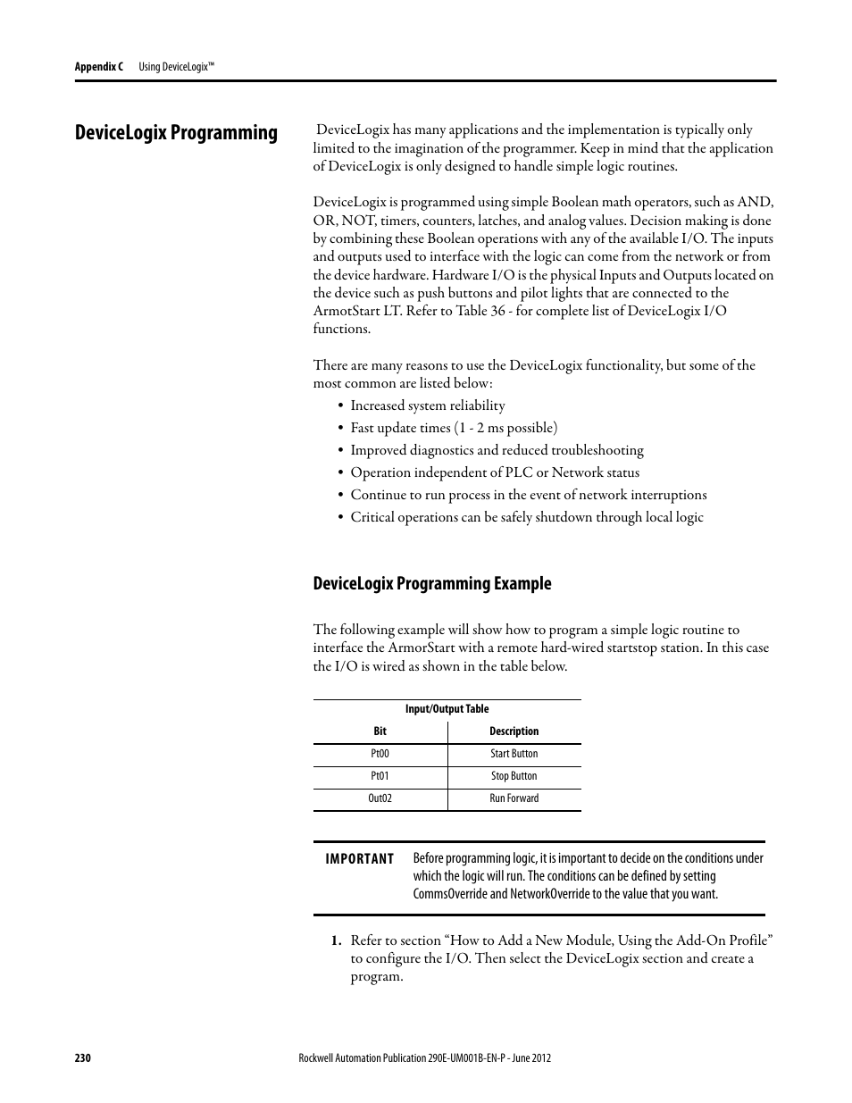 Devicelogix programming, Devicelogix programming example | Rockwell Automation 294E ArmorStart LT EtherNet/IP Version - User Manual User Manual | Page 230 / 252