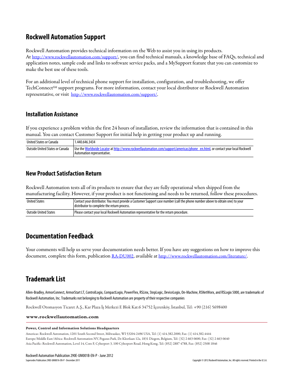 Rockwell automation support, Documentation feedback, Trademark list | Installation assistance, New product satisfaction return | Rockwell Automation 294E ArmorStart LT EtherNet/IP Version - User Manual User Manual | Page 252 / 252
